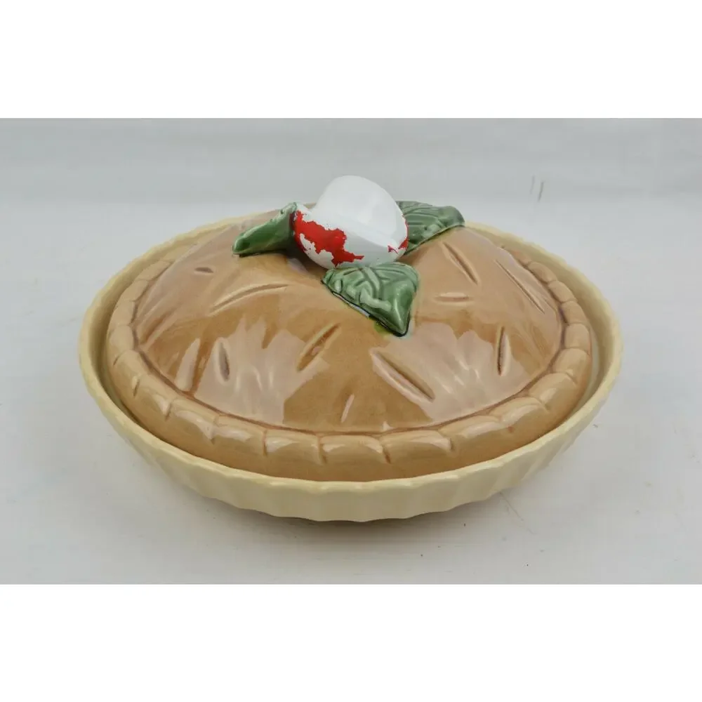 Vintage Ceramic Apple Pie Keeper Strawberry Covered Pie Dish 11x3 Brown Lid 3D
